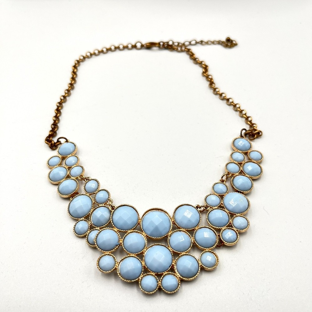 Vintage Retro Sky Blue Cabochon Bib Statement Necklace Gold Tone Geo Bubbles - Picture 6 of 13